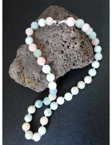 Collier amazonite et quartz rose mélangées boules 10 mm