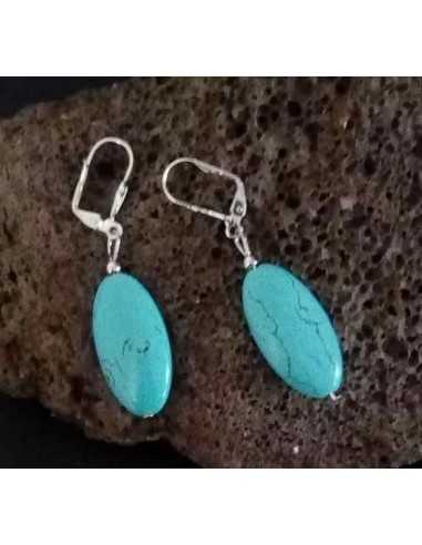 Boucles d'oreilles turquoises reconstituées ovales pendantes 2,5 cm