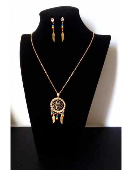 Parure bijoux acier collier ethnique pendentif mandala et boucles