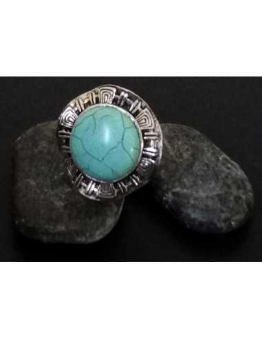 Bague turquoise de synthèse ronde difforme ajustable