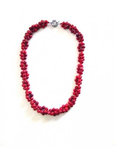 Collier corail perles rondes tressées pierre reconstituée 44 cm