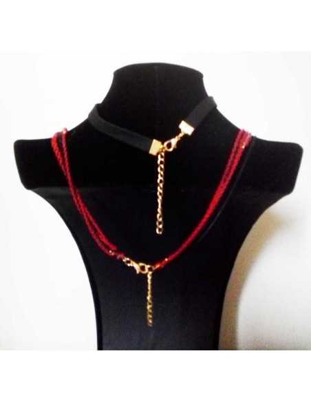 Collier sautoir ruban & multi-chaînes perles fantaisies 104 cm