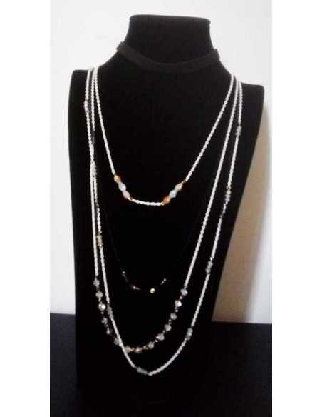 Collier sautoir ruban & multi-chaînes perles fantaisies 104 cm