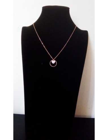 Collier acier gold rose pendentif anneau et coeur serti