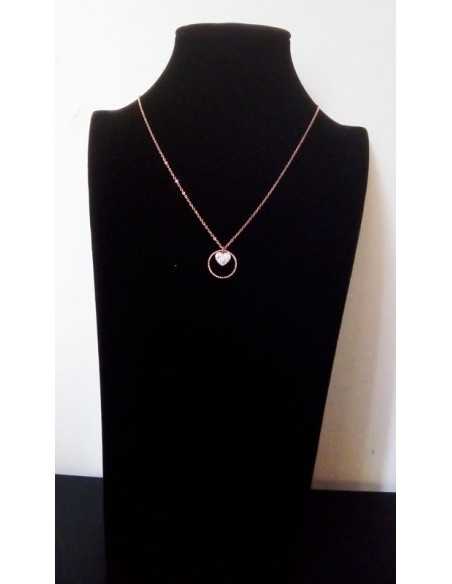 Collier acier gold rose pendentif anneau et coeur serti