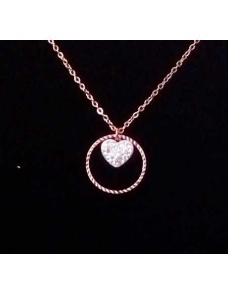 Collier acier gold rose pendentif anneau et coeur serti
