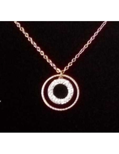 Collier acier gold rose pendentif anneaux sertis