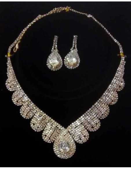 Parure soirée collier strass avec boucles d'oreilles gouttes pendantes