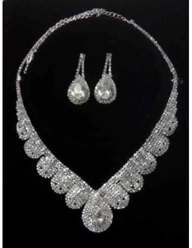 Parure soirée collier strass avec boucles d'oreilles gouttes pendantes