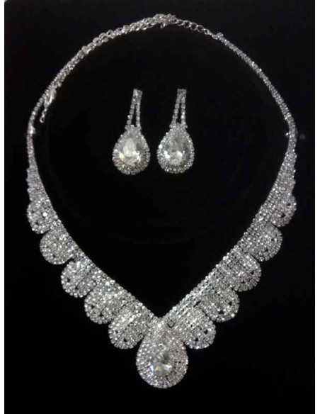 Parure soirée collier strass avec boucles d'oreilles gouttes pendantes