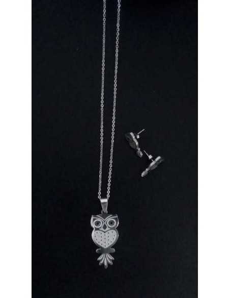 Parure acier collier pendentif hibou avec boucles d'oreilles