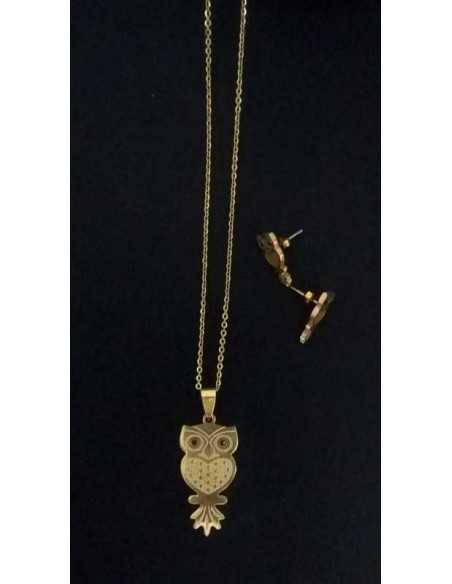 Parure acier collier pendentif hibou avec boucles d'oreilles