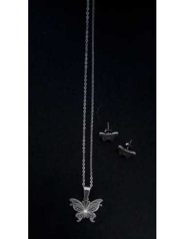 Parure acier collier pendentif papillon avec boucles d'oreilles