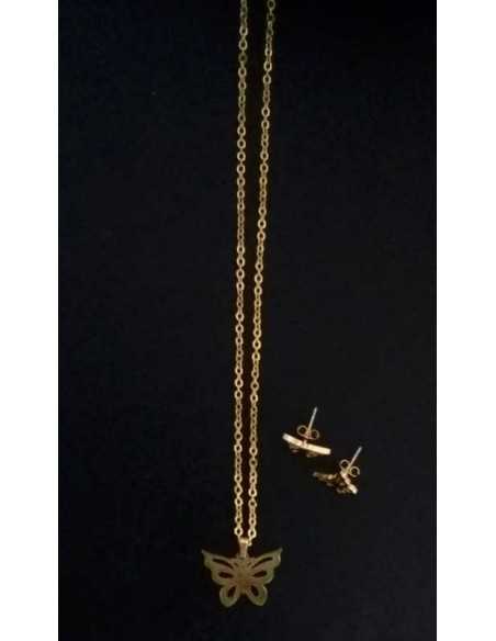 Parure acier collier pendentif papillon filigrané et boucles d'oreilles