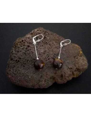 Boucles d'oreilles œil de tigre pierres boules pendantes 4 cm