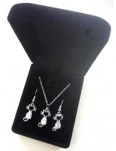 Parure en coffret collier pendentif chat motif ouvert et boucles