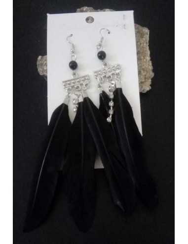 Boucles d'oreilles plumes ethniques avec strass 8 cm