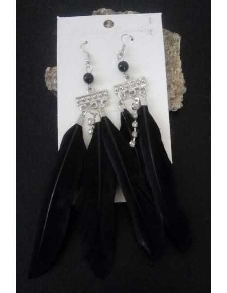 Boucles d'oreilles plumes ethniques avec strass 8 cm