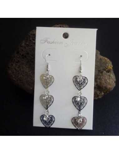 Boucles d'oreilles ligne de coeurs filigrane et strass 6 cm