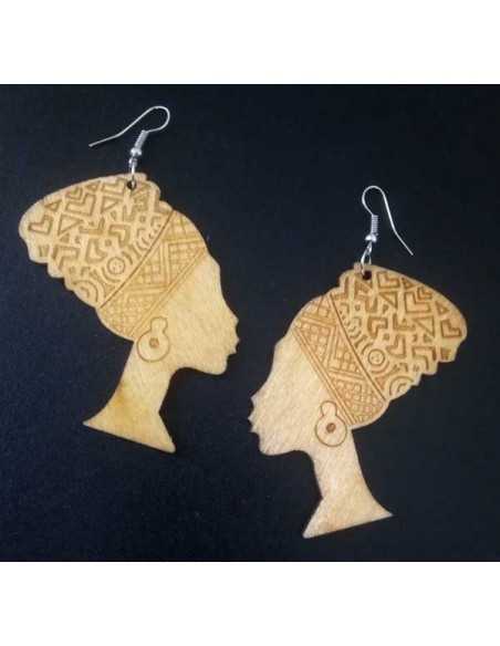 Boucles d'oreilles en bois motif ethnique femme africaine