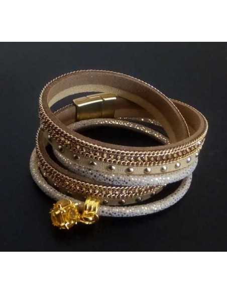 Bracelet double tour en cuir avec pendant cristal
