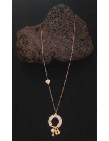 Collier acier inoxydable pendentif anneau serti et cadenas
