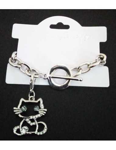 Bracelet grosse maille souple pendentif chat serti