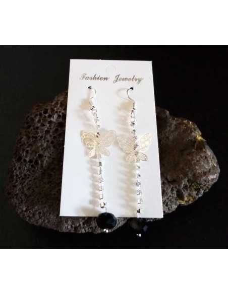 Boucles d'oreilles pendantes fantaisie papillon et perles noires longueur 8 cm
