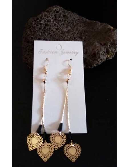 Boucles d'oreilles pendantes fantaisie coeur et perles noires