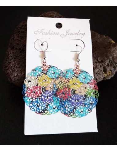 Boucles d'oreilles rondes filigranes motif fleurs colorées