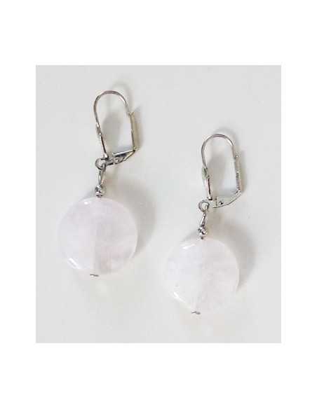 Boucles d'oreilles quartz rose pierres rondes plates 2 cm