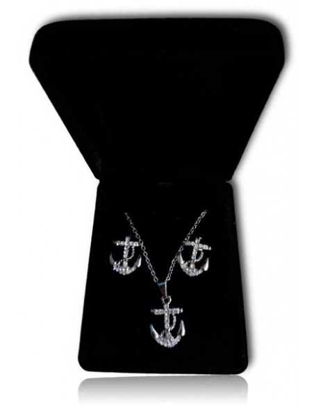 Parure bijoux en coffret collier pendentif ancre marine & boucles