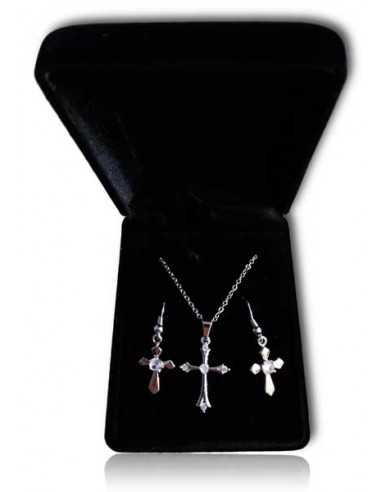 Parure en coffret collier pendentif croix design et boucles