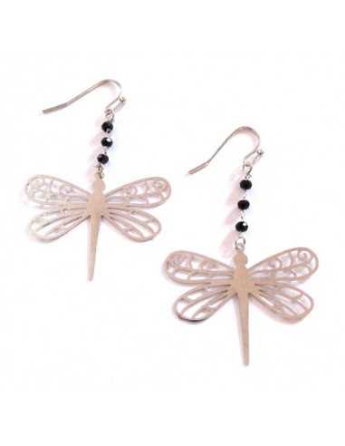Boucles d'oreilles pendantes papillons et perles noires