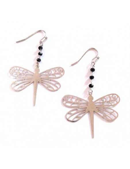 Boucles d'oreilles pendantes papillons et perles noires