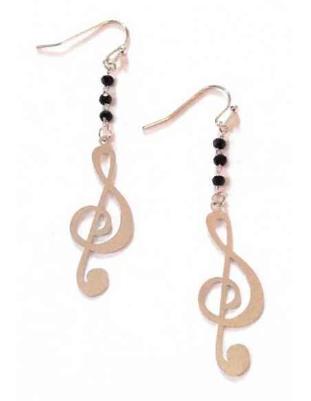 Boucles d'oreilles pendante motif note de musique et perles noires