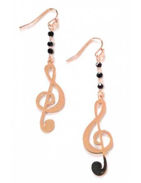 Boucles d'oreilles pendante motif note de musique et perles noires