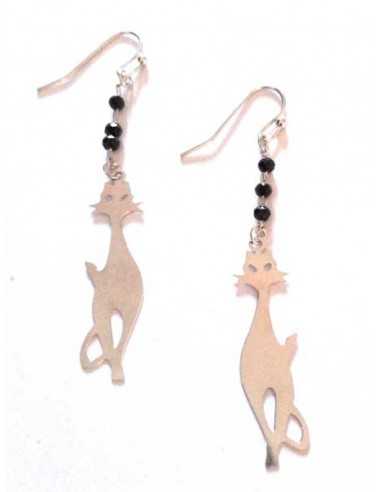 Boucles d'oreilles pendantes motif chat et perles noires