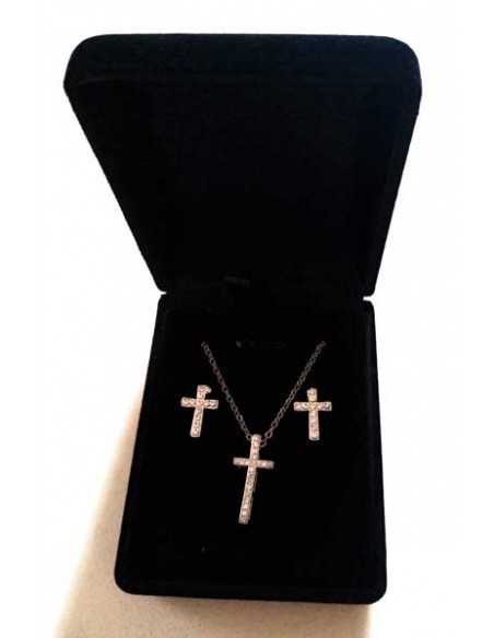 Parure en coffret collier pendentif croix sertie et boucles