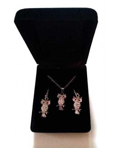 Parure en coffret collier pendentif hiboux serti de strass et B.O
