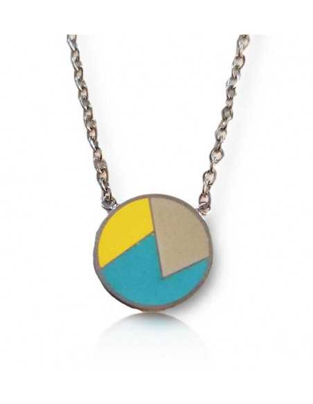 Collier pendentif acier inoxydable motif géométriques jaune/bleu