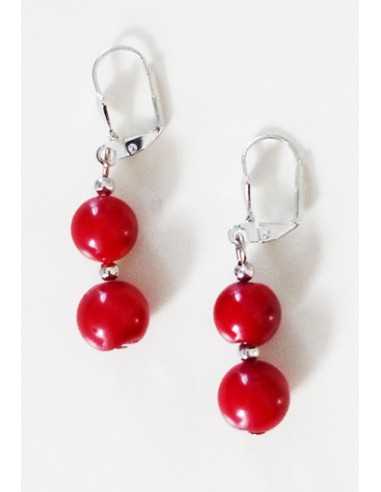 Boucles d'oreilles perles corail rouge reconstitué 3 cm