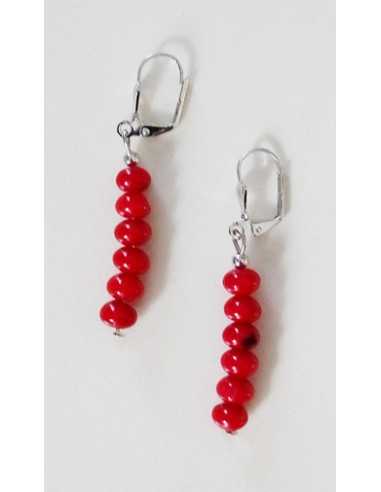 Boucles d'oreilles pendantes perles corail rouge reconstitué 3 cm