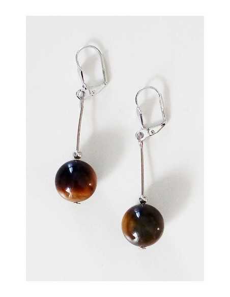 Boucles d'oreilles œil de tigre pierres boules pendantes 4 cm