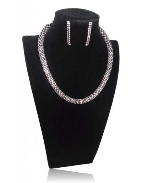 Parure bijoux collier tube métal serti de strass