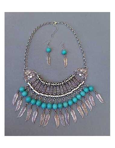 Parure collier ethnique perles turquoises et boucles 24 cm