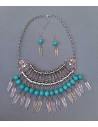 Parure collier ethnique perles turquoises et boucles 24 cm