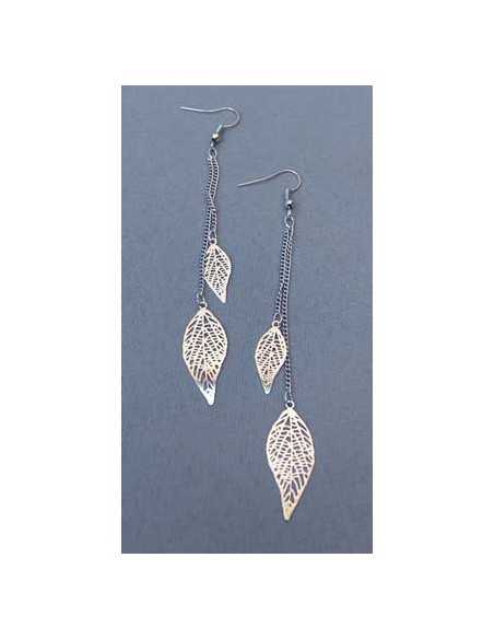 Boucles d'oreilles pendantes double feuilles filigrane 7 cm