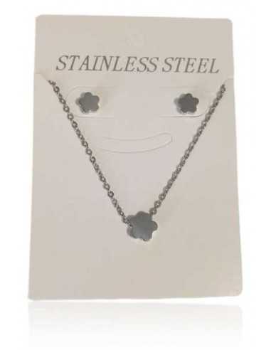 Parure acier inoxydable collier pendentif fleur et B.O