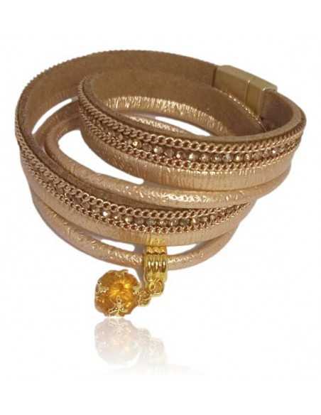 Bracelet multi-tours cuir et charm boule facettée